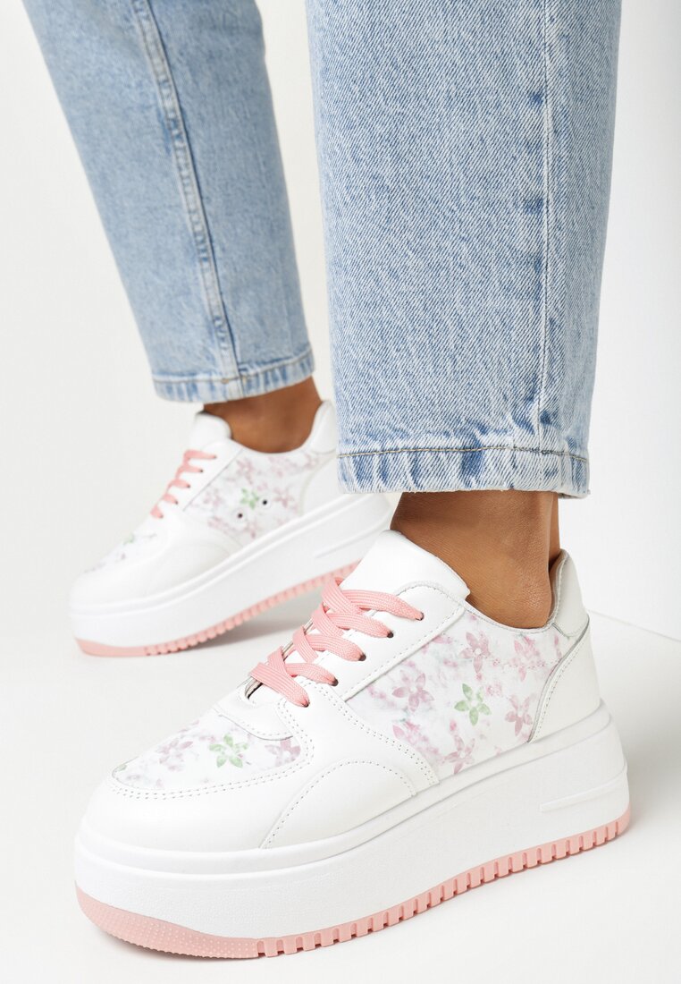Biało-Różowe Sneakersy na Platformie Zdobione Printem Kwiaty Alilena