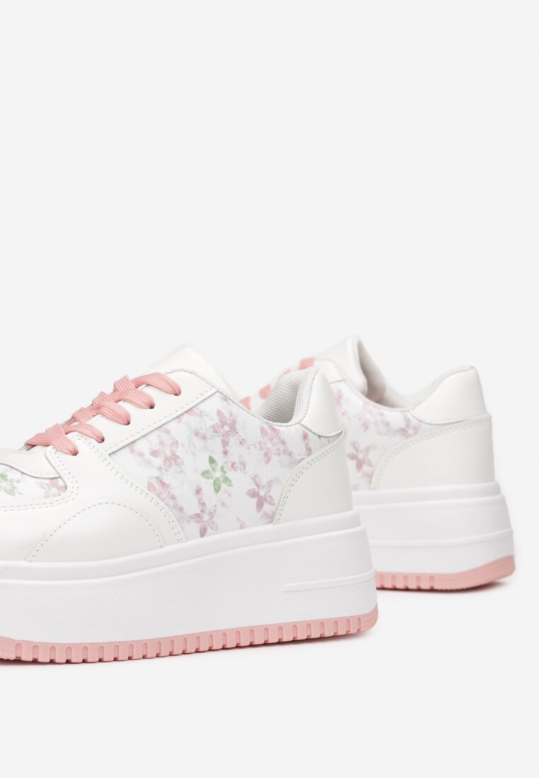 Biało-Różowe Sneakersy na Platformie Zdobione Printem Kwiaty Alilena