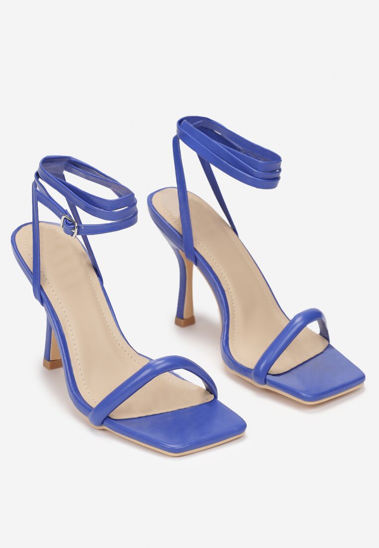 Niebieskie Sandały Wiązane na Szpilce z Kwadratowym Noskiem Mariska