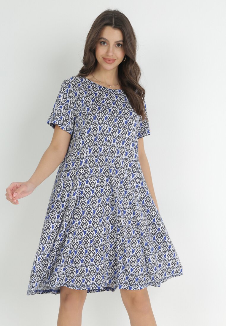 Granatow-Niebieska Sukienka Mini w Drobne Kwiaty Eudolla