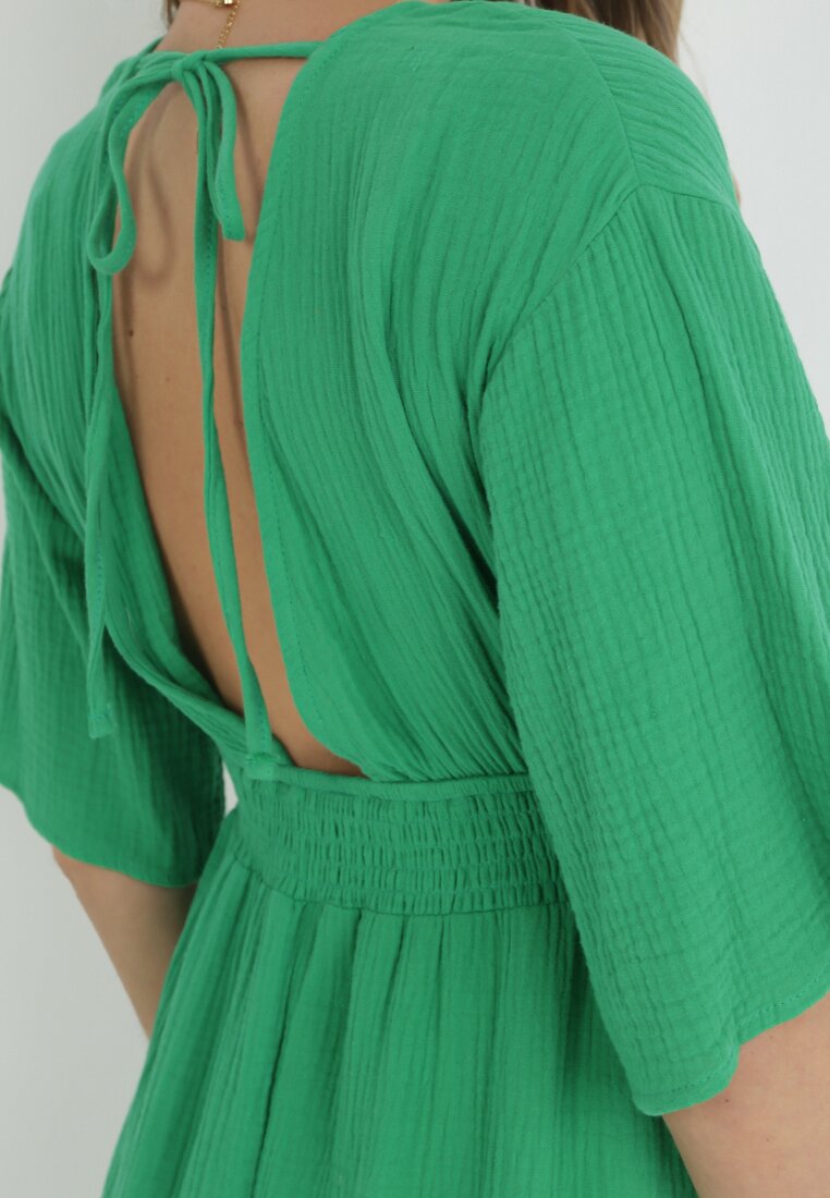 Zielona Sukienka Maxi z Gumką w Pasie i Wiązaniem na Karku Titaphine