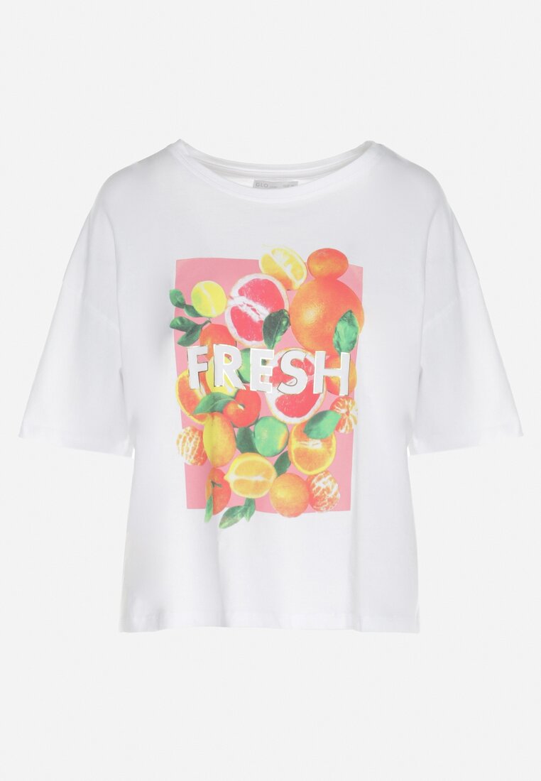 Biały Bawełniany T-shirt z Owocowym Nadrukiem Zedia
