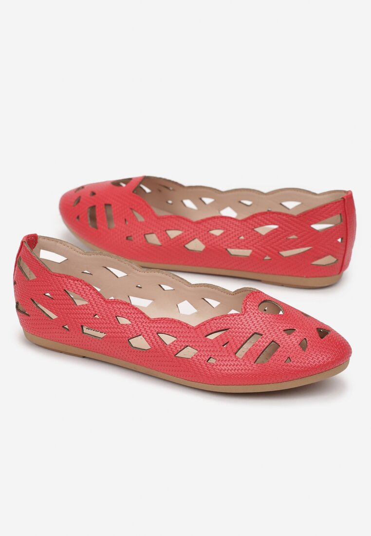 Czerwone Ażurowe Balerinki na Płaskiej Podeszwie z Okrągłym Noskiem Meliphira