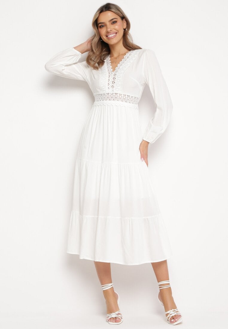 Biała Rozkloszowana Sukienka z Koronką Brightyn