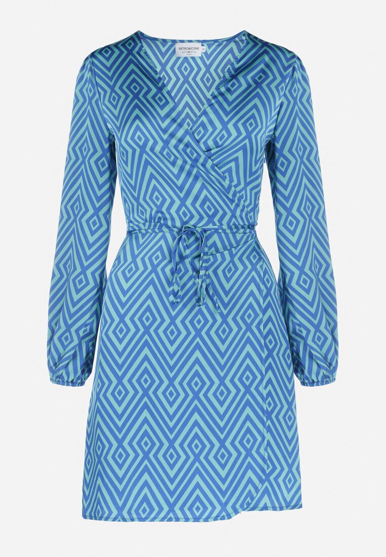 Niebieska Sukienka Mini z Geometrycznym Wzorem i Wiązaniem w Pasie Dylona