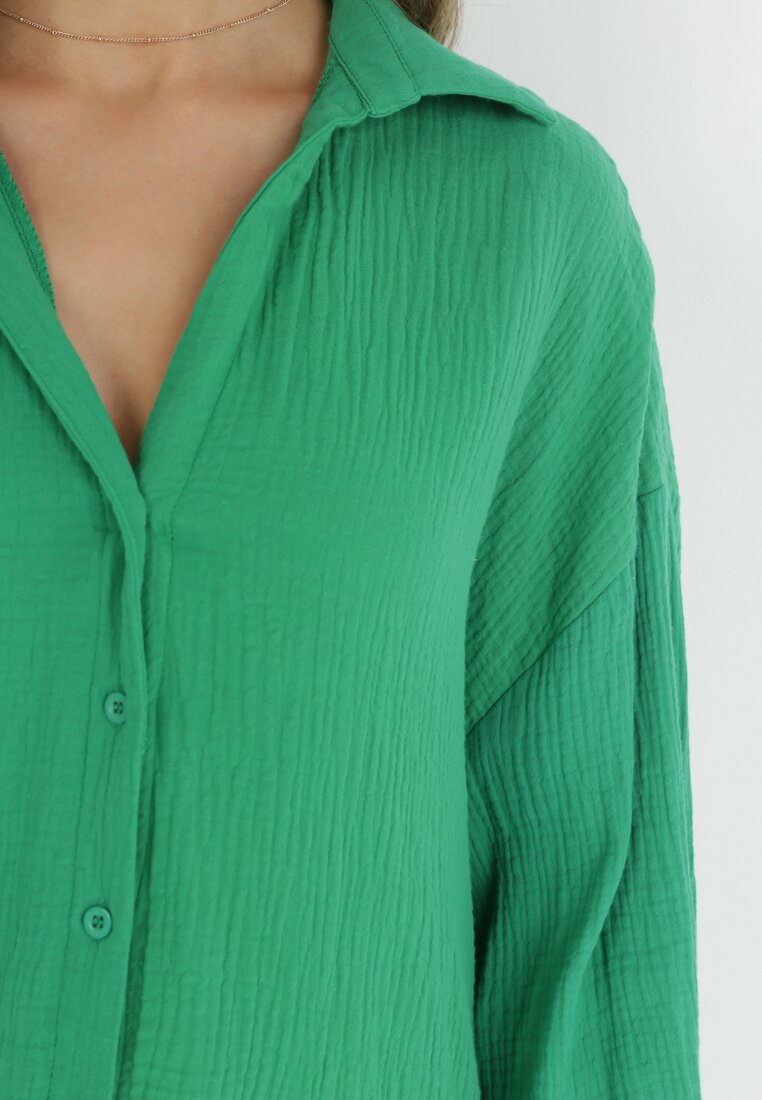 Zielona Bawełniana Koszula o Długim Fasonie Oversize Atherene
