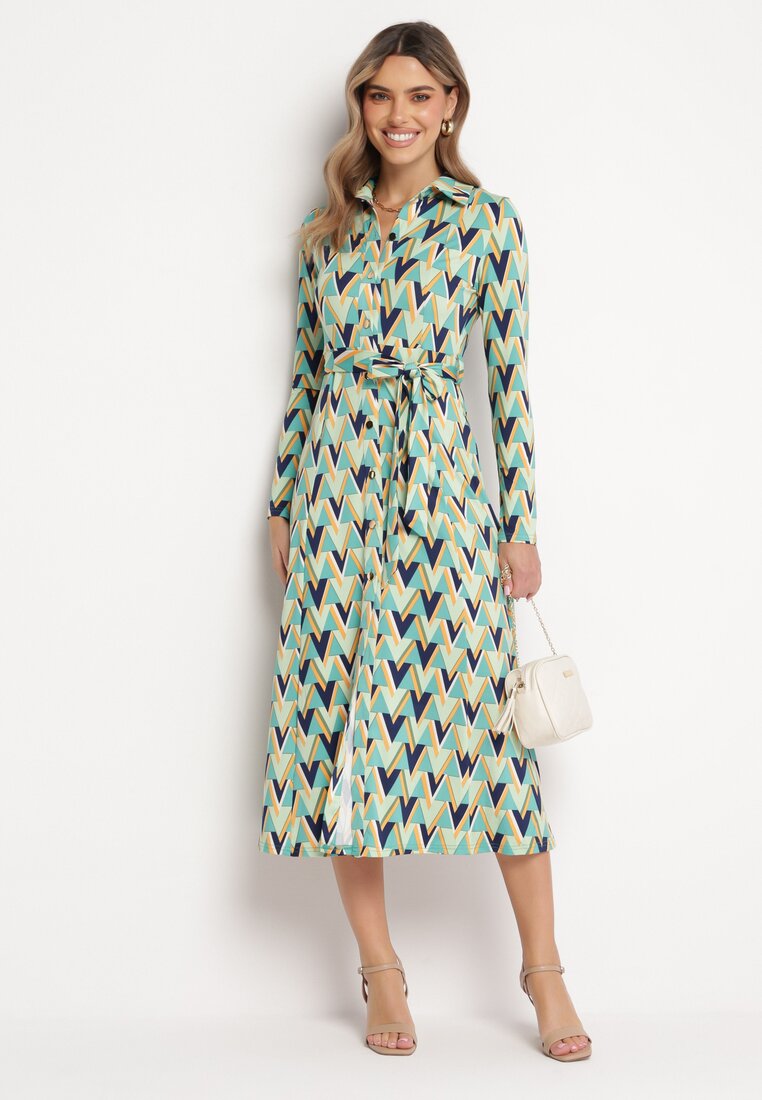 Zielona Sukienka Maxi z Wiązanym Paskiem i Geometrycznym Wzorem Annalea