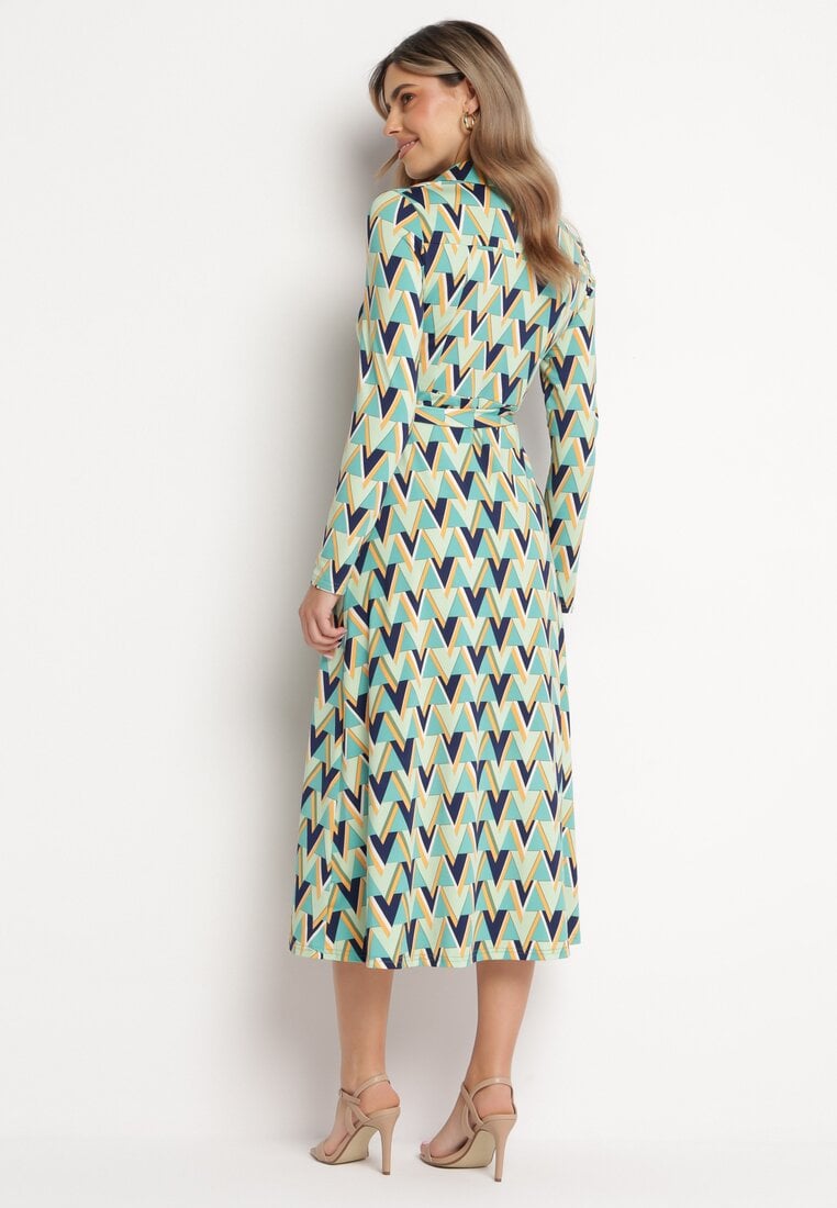 Zielona Sukienka Maxi z Wiązanym Paskiem i Geometrycznym Wzorem Annalea