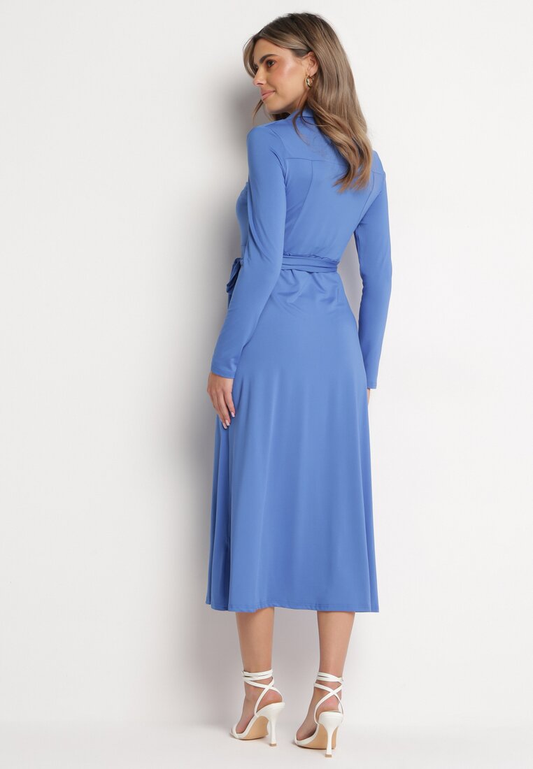 Niebieska Sukienka Maxi i Koszulowym Fasonie z Wiązaniem mZynlee
