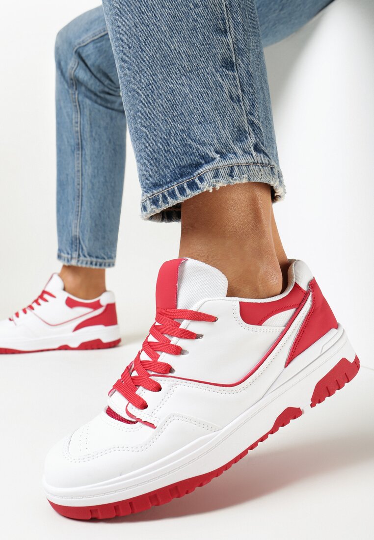 Biało-Czerwone Sznurowane Sneakersy na Płaskiej Podeszwie Mefin