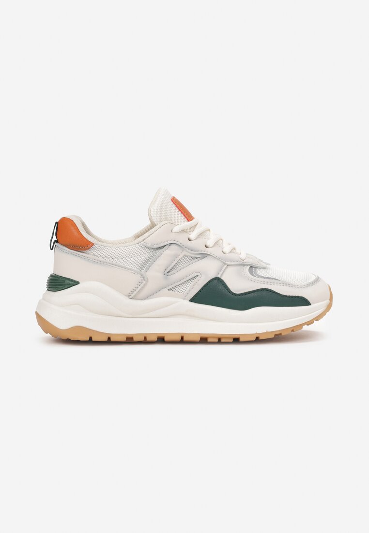 Beżowo-Zielone Sneakersy z Ozdobnymi Przeszyciami Leostia