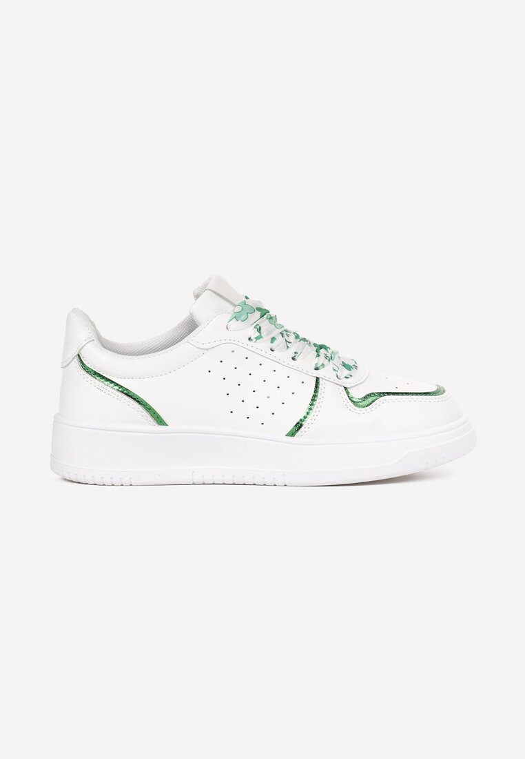 Biało-Zielone Sneakersy z Błyszczącymi Wstawkami i Dekoracyjnym Sznurowaniem Horustia