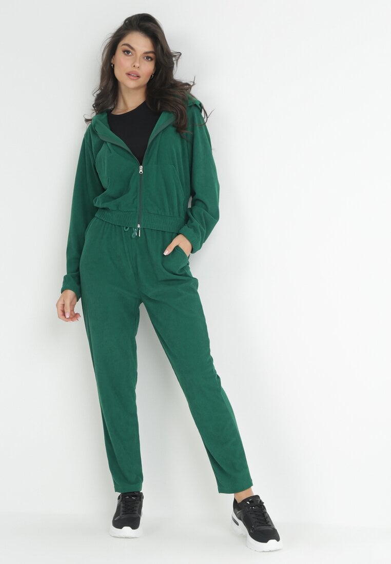 Zielony 2-częściowy Prążkowany Komplet Dresowy z Bluzą i Spodniami Tuenna