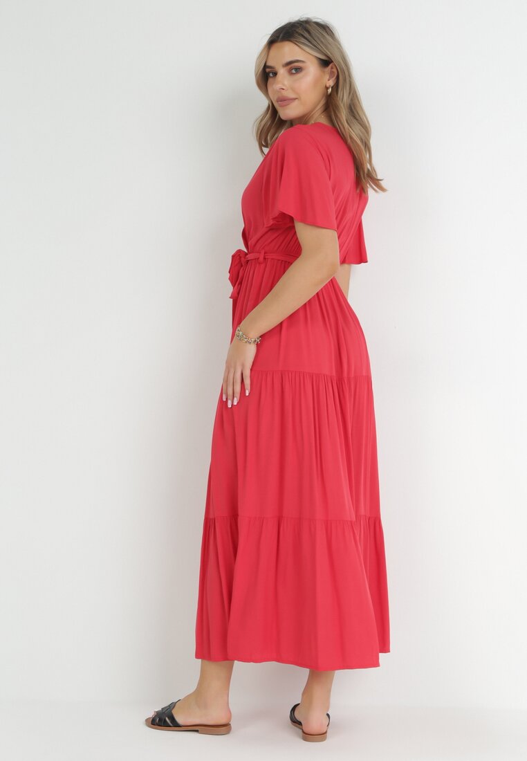 Czerwona Rozkloszowana Sukienka Maxi z Wiązanym Paskiem Japhelia