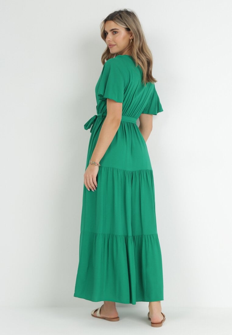 Zielona Rozkloszowana Sukienka Maxi z Wiązanym Paskiem Japhelia