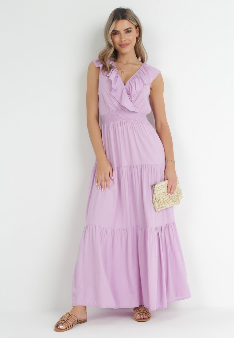 Fioletowa Sukienka Maxi z Marszczoną Gumką w Pasie i Wiązaniem na Plecach Vaida