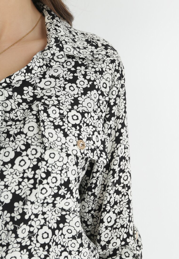 Beżowo-Czarna Sukienka Mini Koszulowa w Kwiaty z Wiskozy Obenne