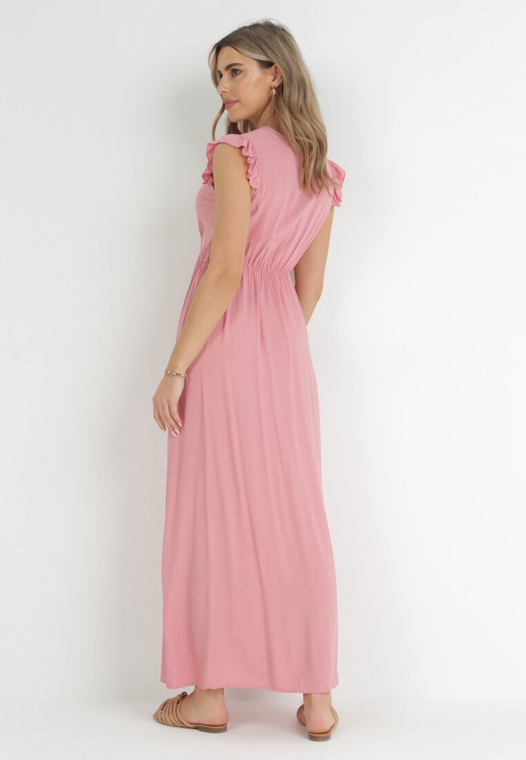 Różowa Sukienka Maxi z Gumką w Talii z Falbankami z Wiskozy Harria