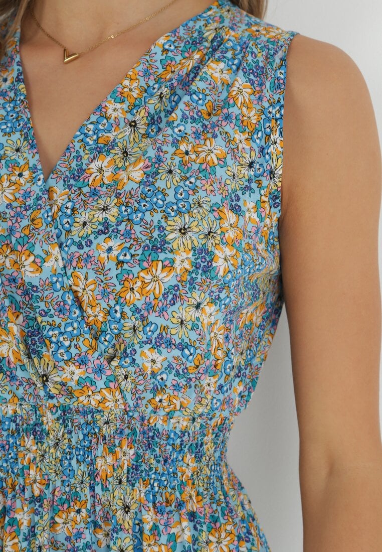 Jasnoniebieska Sukienka Midi z Gumkami w Pasie i Kopertowym Dekoltem Feseti
