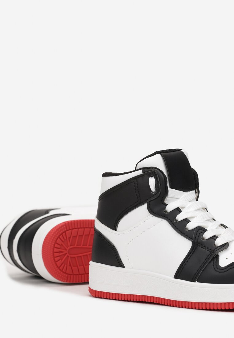 Biało-Czarne Sznurowane Buty Sportowe za Kostkę z Kolorowymi Wstawkami Lunno