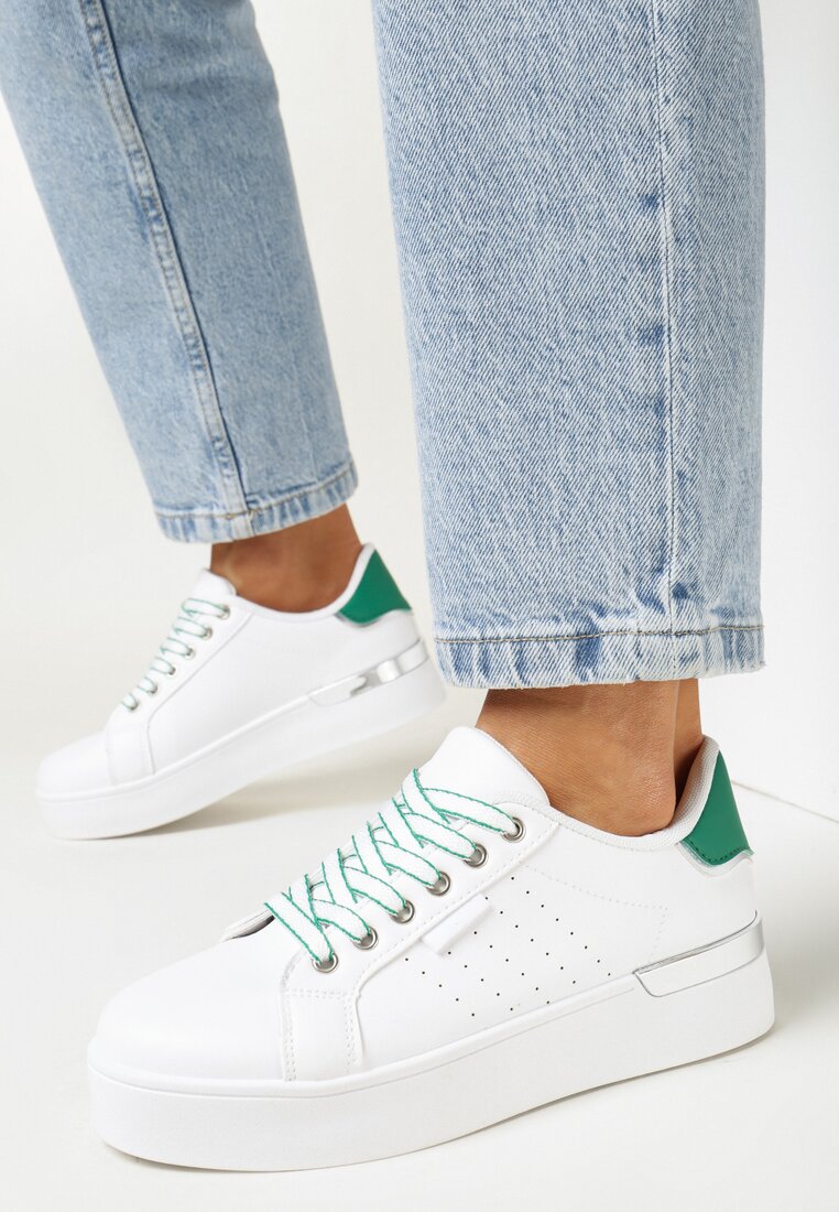 Biało-Zielone Sznurowane Sneakersy na Grubej Podeszwie z Metaliczną Wstawką Thimmilee