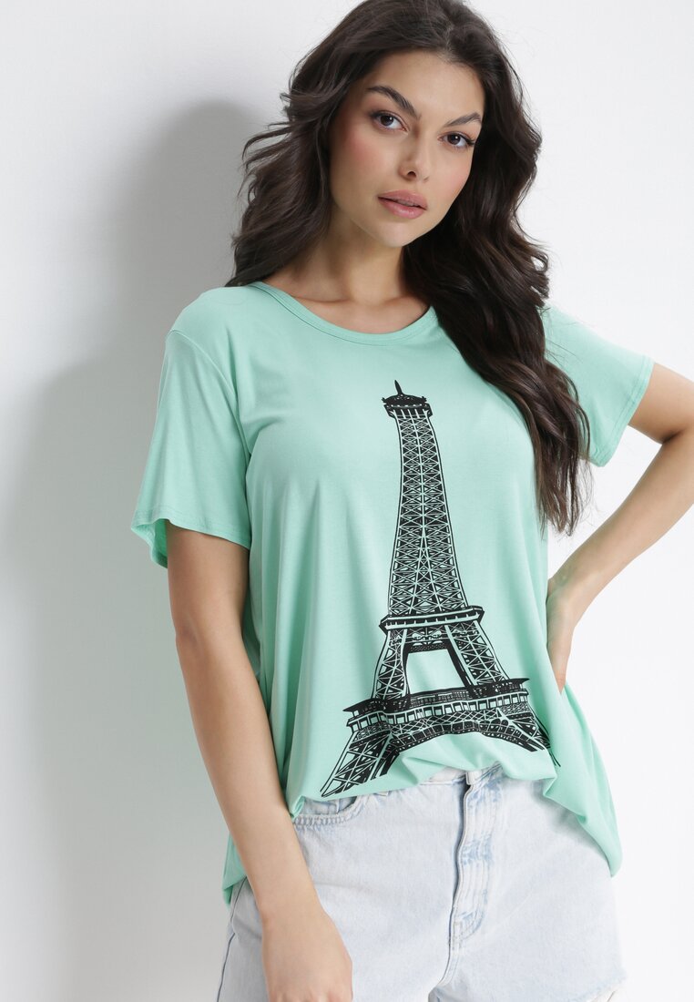 Miętowy T-shirt Oversize z Nadrukiem Wieży Eiffla i Krótkim Rękawem Eleah