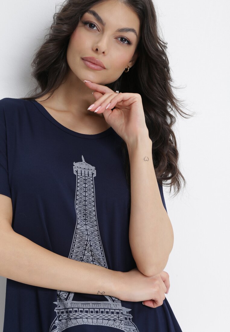 Granatowy T-shirt Oversize z Nadrukiem Wieży Eiffla i Krótkim Rękawem Eleah