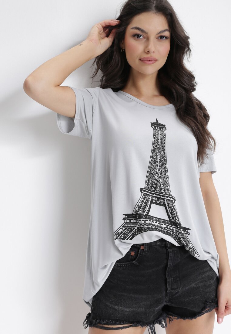 Szary T-shirt Oversize z Nadrukiem Wieży Eiffla i Krótkim Rękawem Eleah