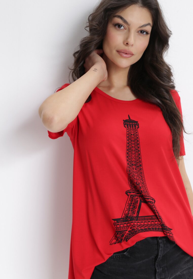 Czerwony T-shirt Oversize z Nadrukiem Wieży Eiffla i Krótkim Rękawem Eleah