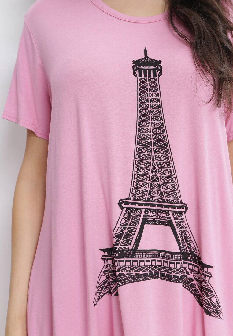 Różowy T-shirt Oversize z Nadrukiem Wieży Eiffla i Krótkim Rękawem Eleah