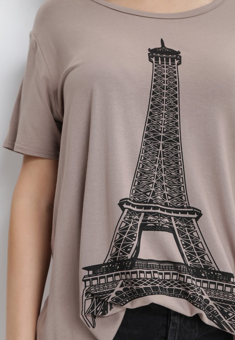 Ciemnobeżowy T-shirt Oversize z Nadrukiem Wieży Eiffla i Krótkim Rękawem Eleah