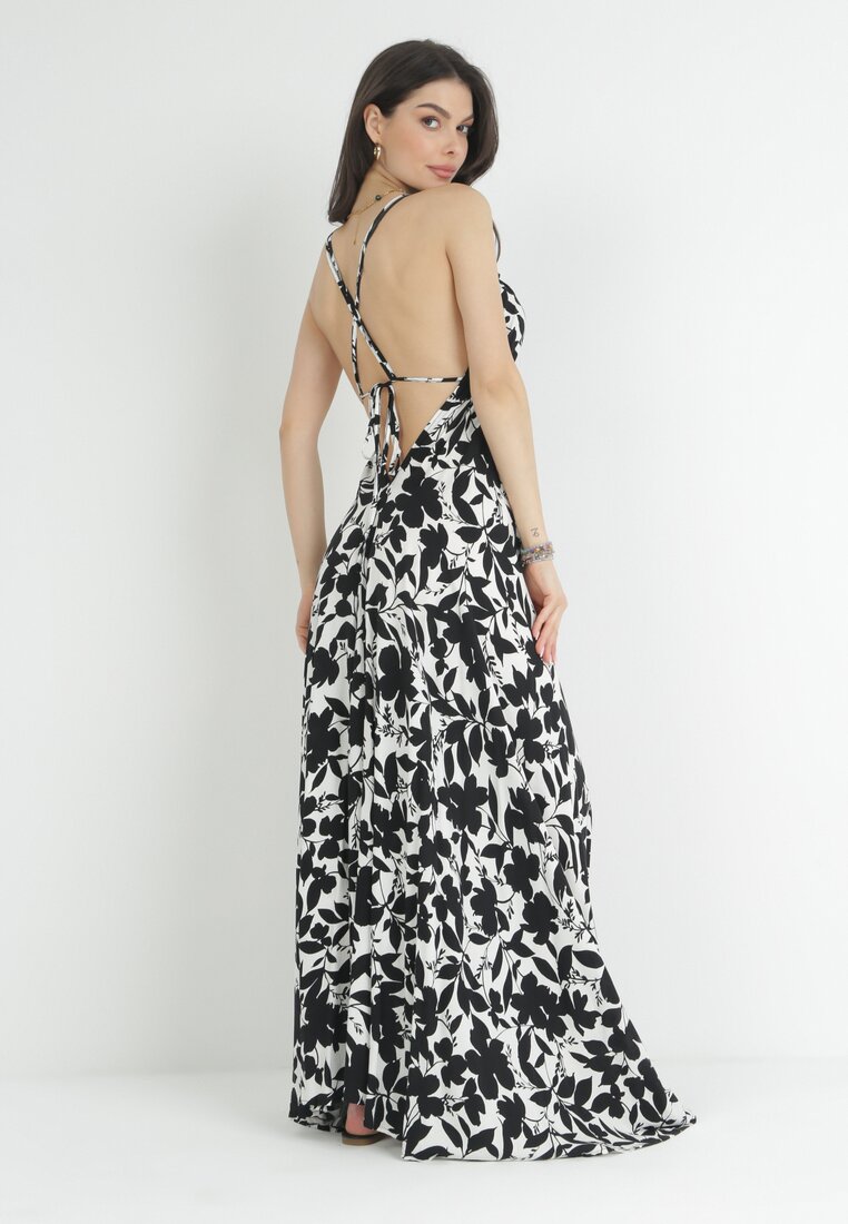 Biało-Czarna Rozkloszowana Sukienka Maxi z Odkrytymi Plecami z Wiskozy Olythy