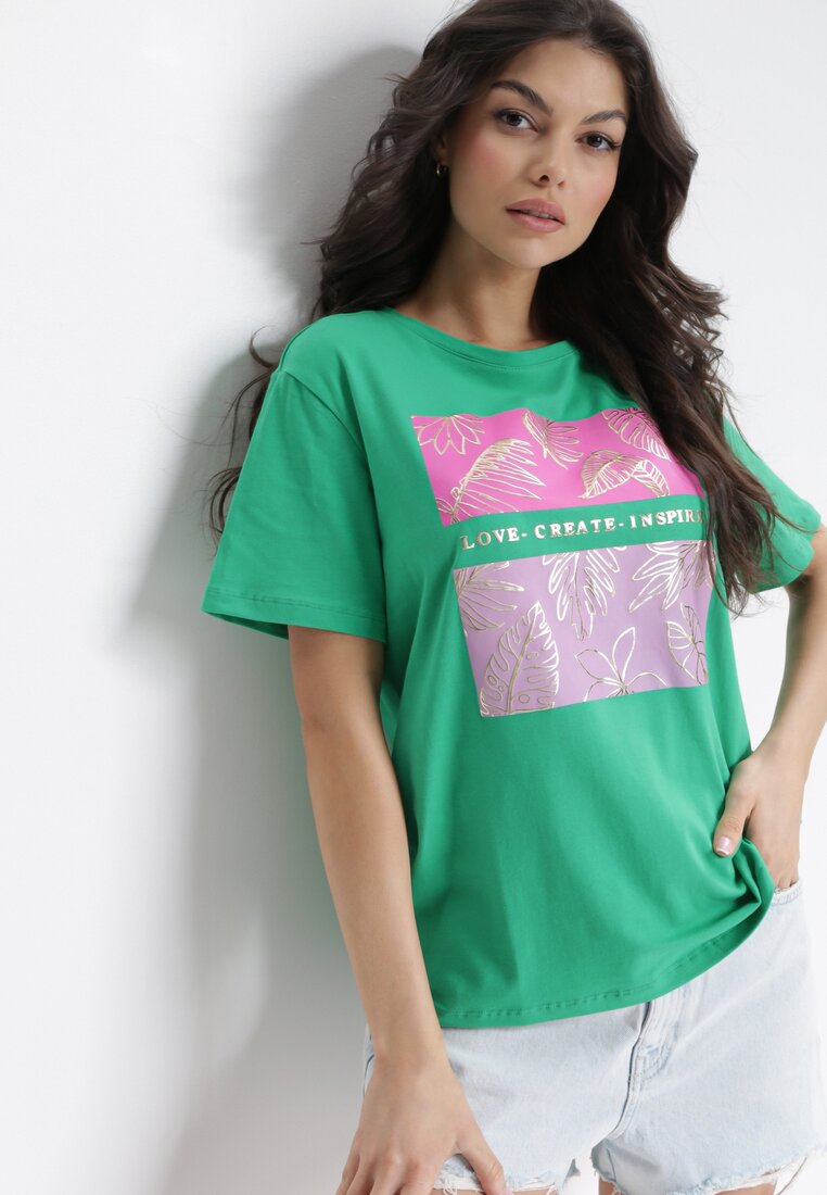 Zielony Bawełniany T-shirt z Błyszczącym Nadrukiem Eistaoine