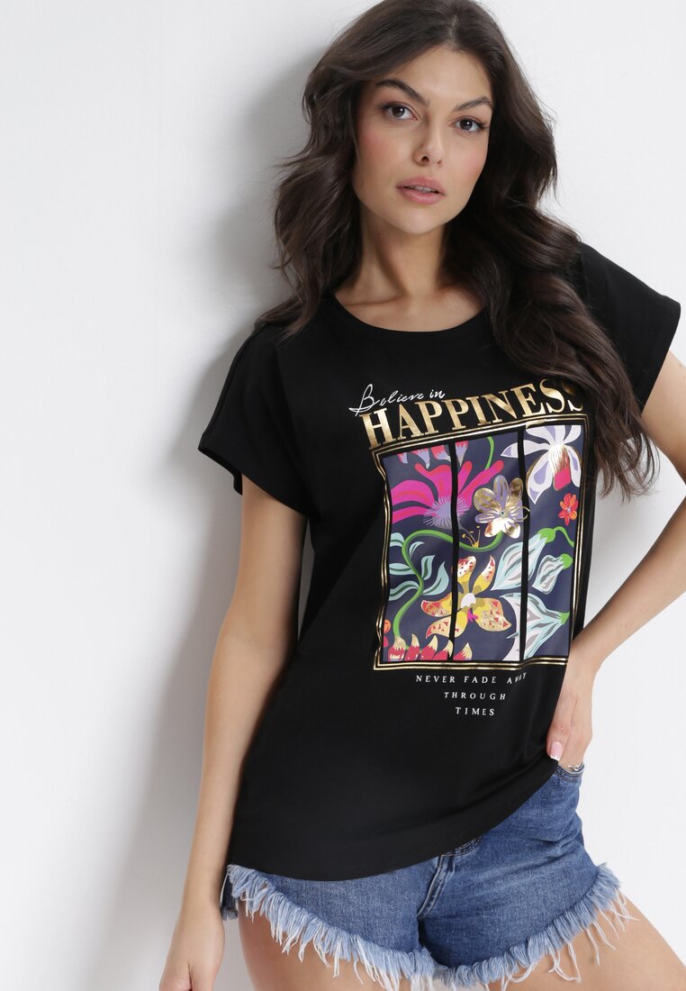 Czarny T-shirt Bawełniany z Nadrukiem Fedia