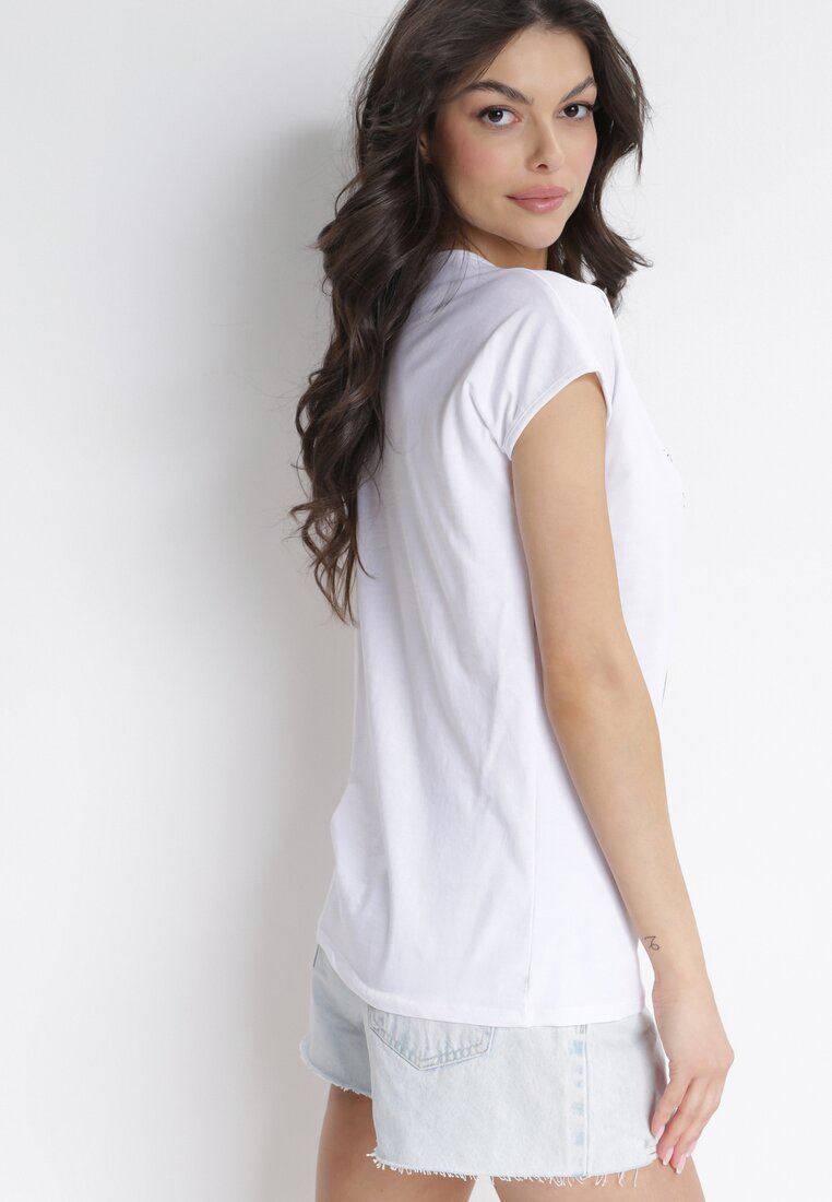 Biały Długi T-shirt z Nadrukiem i Wiązaniem z Boku Miamimia