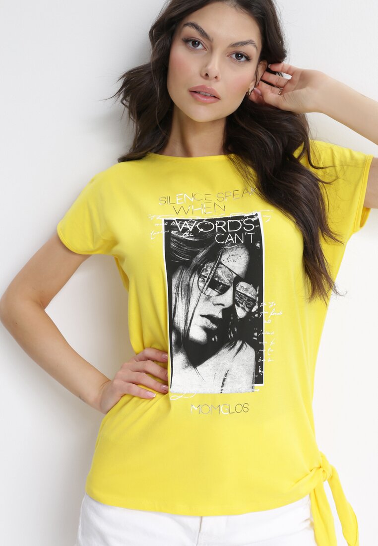 Żółty Długi T-shirt z Nadrukiem i Wiązaniem z Boku Miamimia