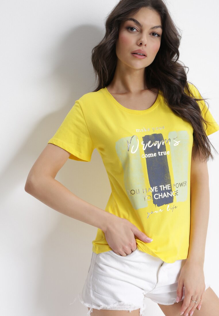 Żółty Bawełniany T-shirt z Błyszczącym Nadrukiem Annasia