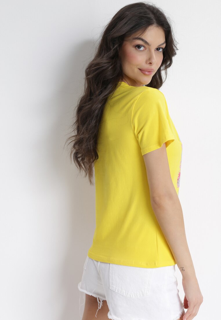 Żółty Bawełniany T-shirt z Brokatem i Cekinami Adassis