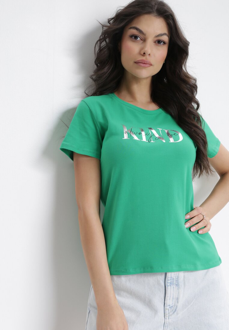 Zielony T-shirt z Krótkim Rękawem i Nadrukiem Hibis