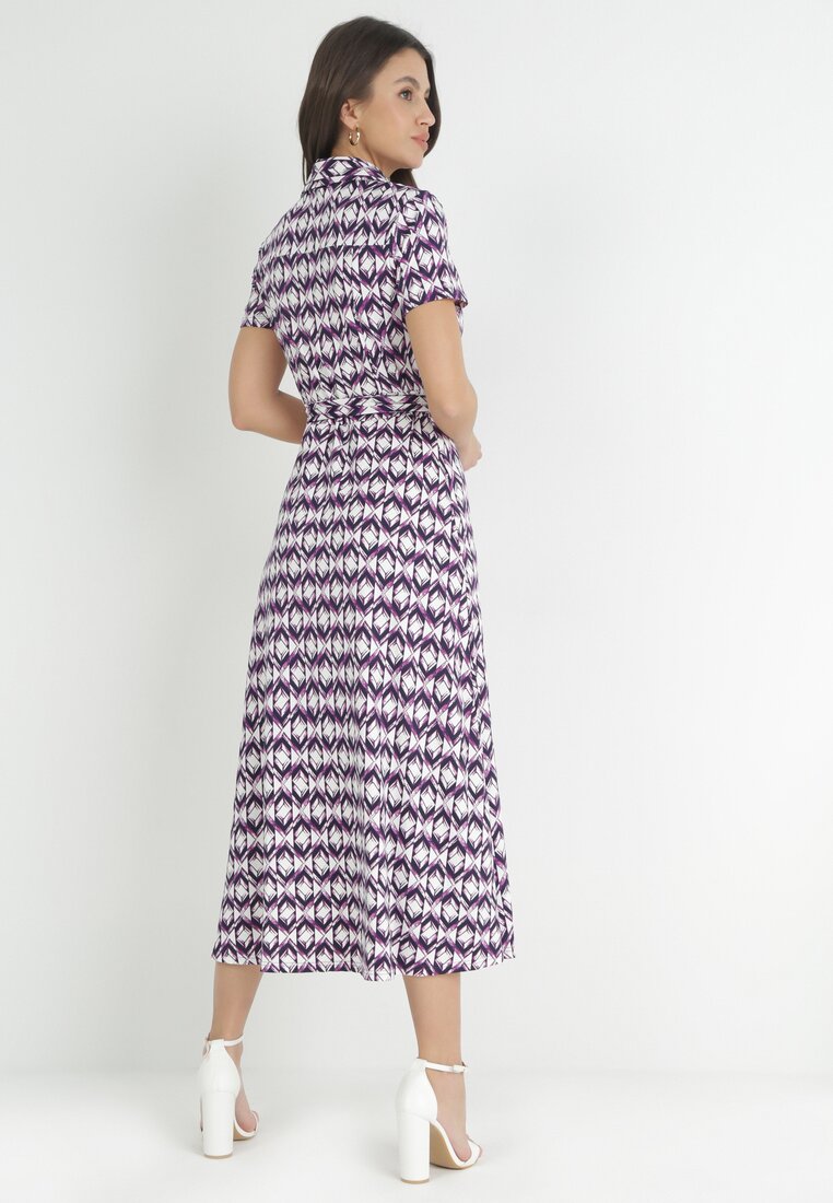 Fioletowa Koszulowa Sukienka Maxi z Materiałowym Paskiem Rainora