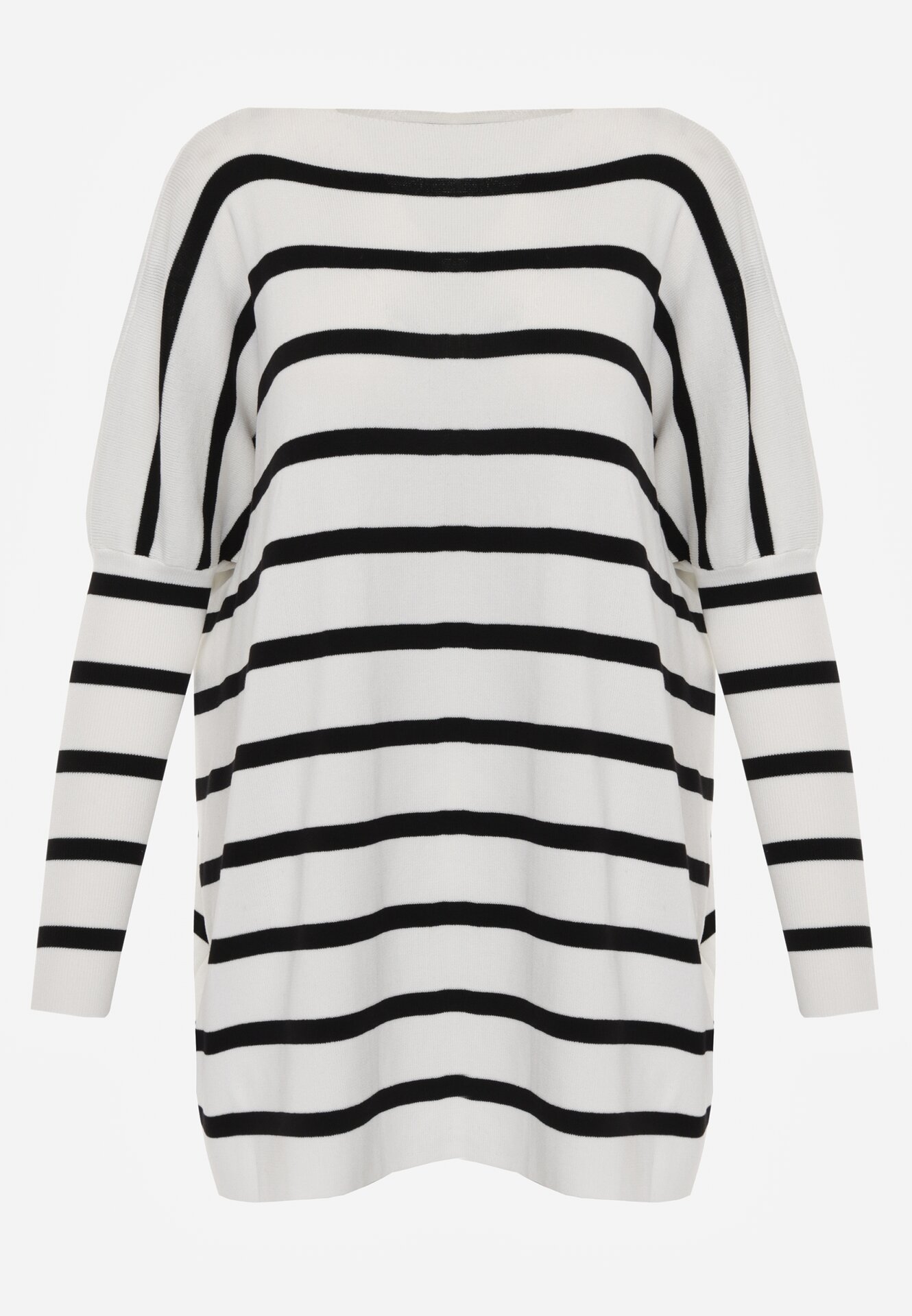 Biały Sweter Oversize w Paski z Rękawami Nietoperz Caelania