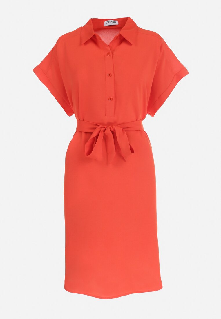 Pomarańczowa Koszulowa Sukienka z Krótkim Rękawem i Wiązaniem w Pasie Mistie