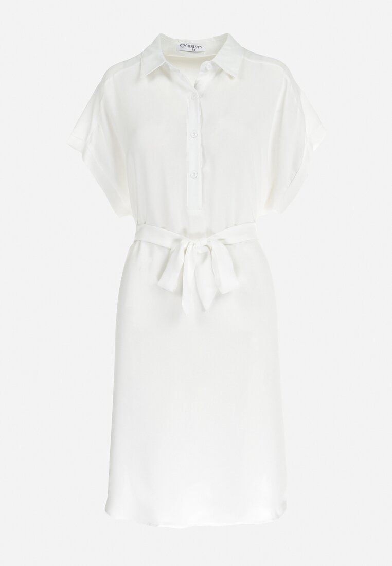 Biała Koszulowa Sukienka z Krótkim Rękawem i Wiązaniem w Pasie Mistie