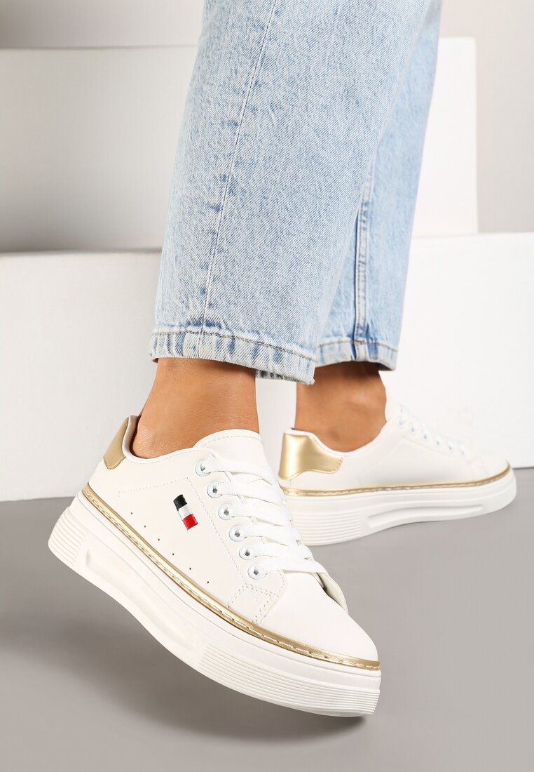 Biało-Beżowe Sneakersy na Grubej Podeszwie z Przeszyciami Zanas