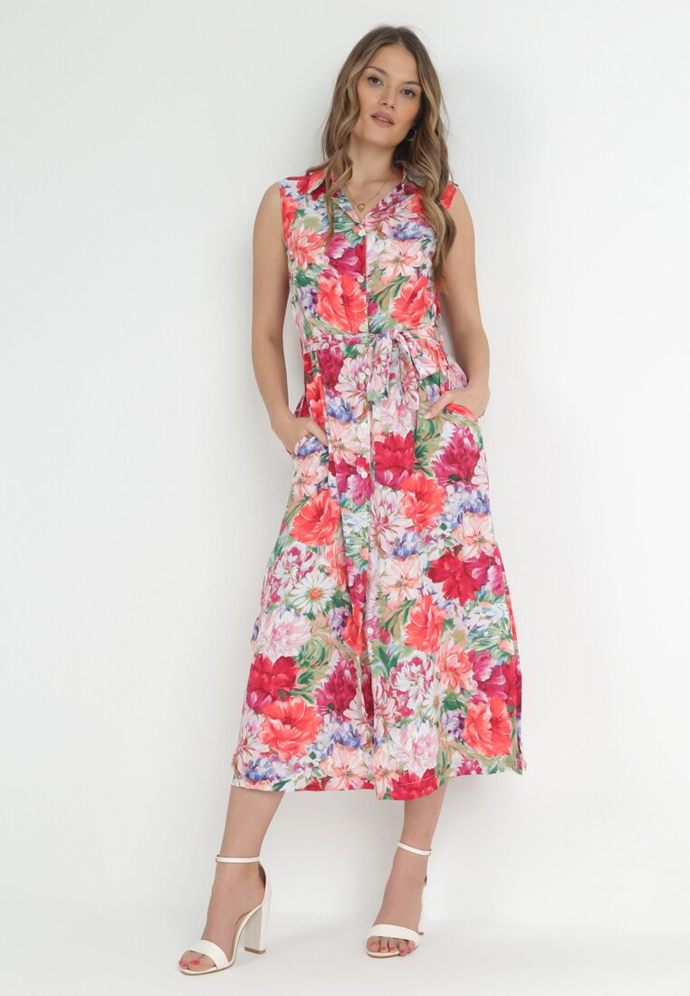 Fuksjowa Koszulowa Sukienka Midi z Materiałowym Paskiem i Rozporkami Saydee