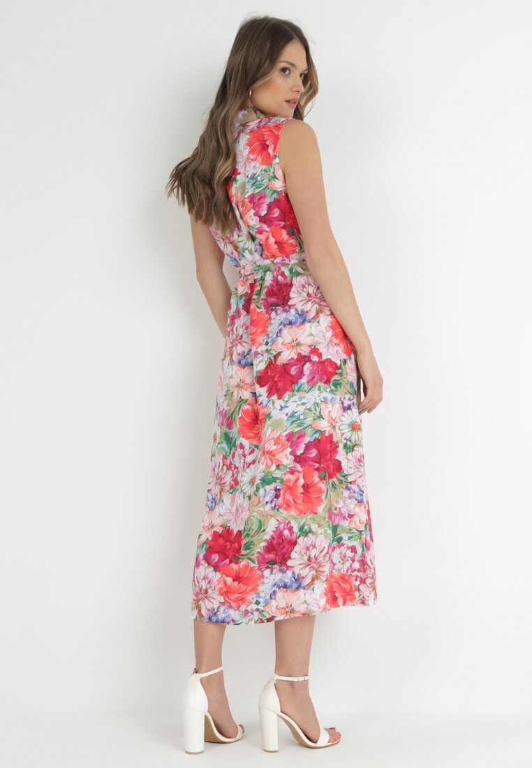 Fuksjowa Koszulowa Sukienka Midi z Materiałowym Paskiem i Rozporkami Saydee