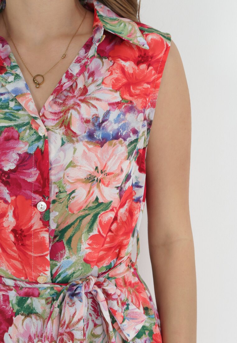 Fuksjowa Koszulowa Sukienka Midi z Materiałowym Paskiem i Rozporkami Saydee