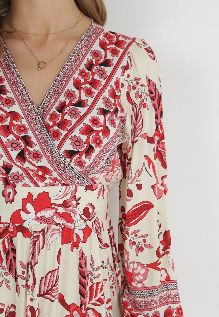 Czerwono-Beżowa Rozkloszowana Sukienka Maxi z Gumkami w Talii i Falbanką Apolla