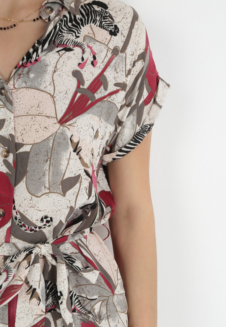 Beżowo-Fuksjowa Sukienka Koszulowa Mini Wiązana w Pasie Zoltia