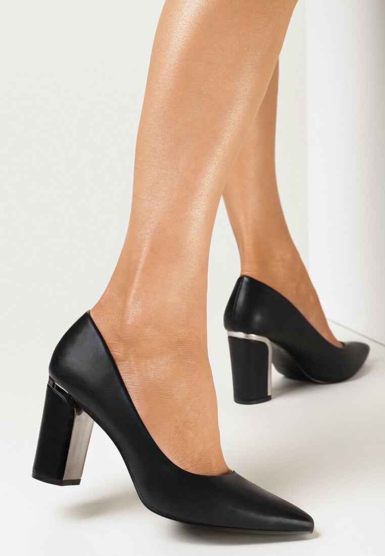 Czarne Czółenka na Słupku z Metaliczną Wstawką i Wkładką ze Skóry Naturalnej Itunza